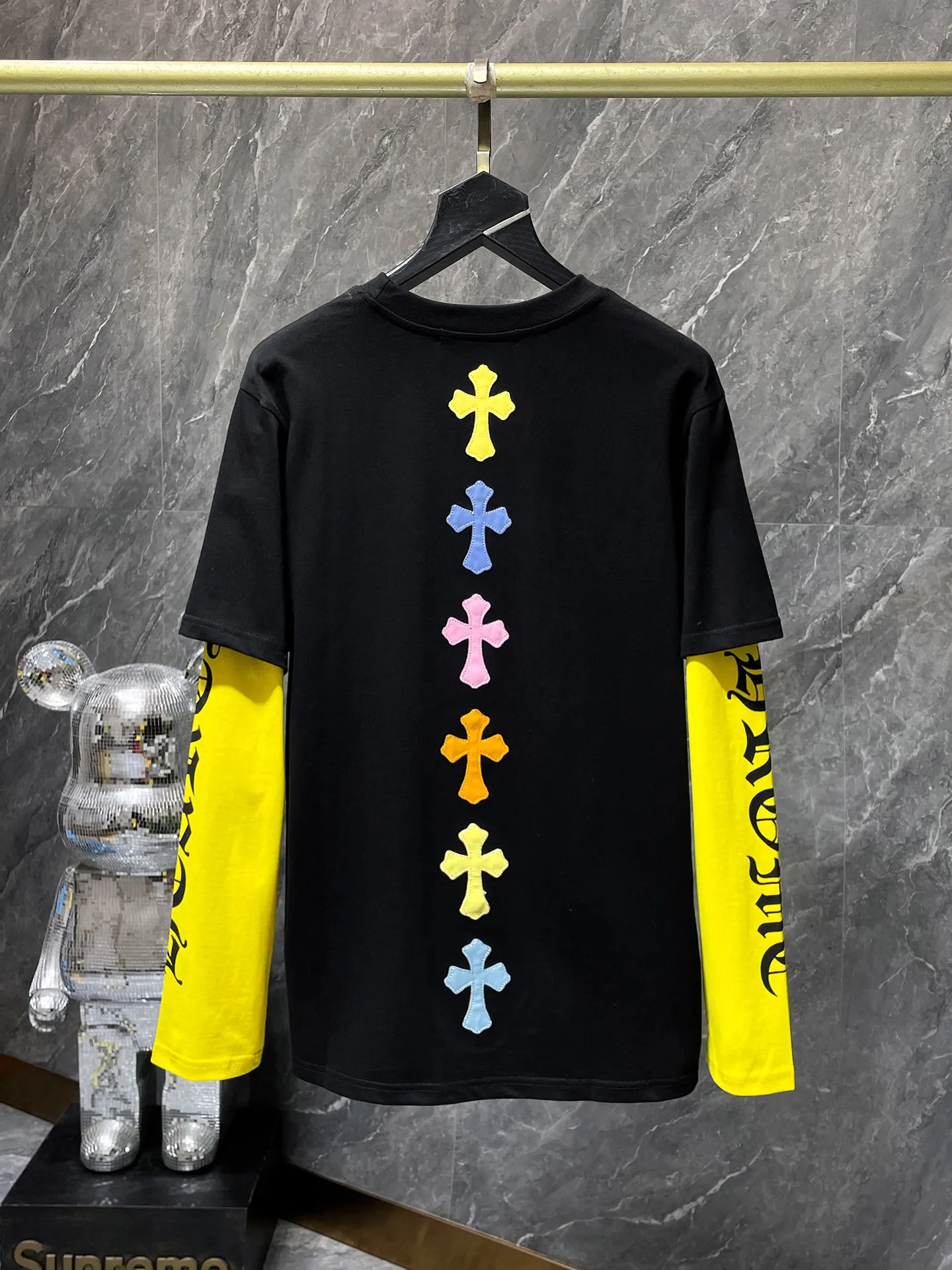 P176 Chrome Hearts Long T Series Heavy Industry Colored Leather Cross Contrast Color Fake Two-Piece Long Sleeve T-Shirt Same Style as Stars❤Specially Customized Version 1:1 High Weight Fabric Recommended Color: Black Code Number: S, M, L, XL